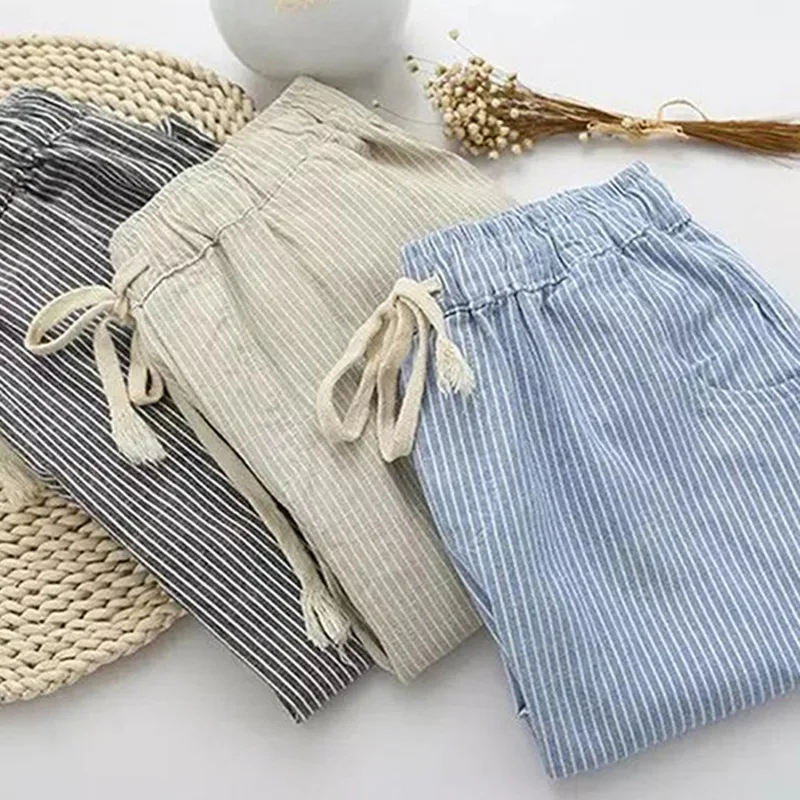 

Cotton Linen Women Casual Pants 2022 Fashion Loose Long Pants Elastic Waist Straight Striped Trousers