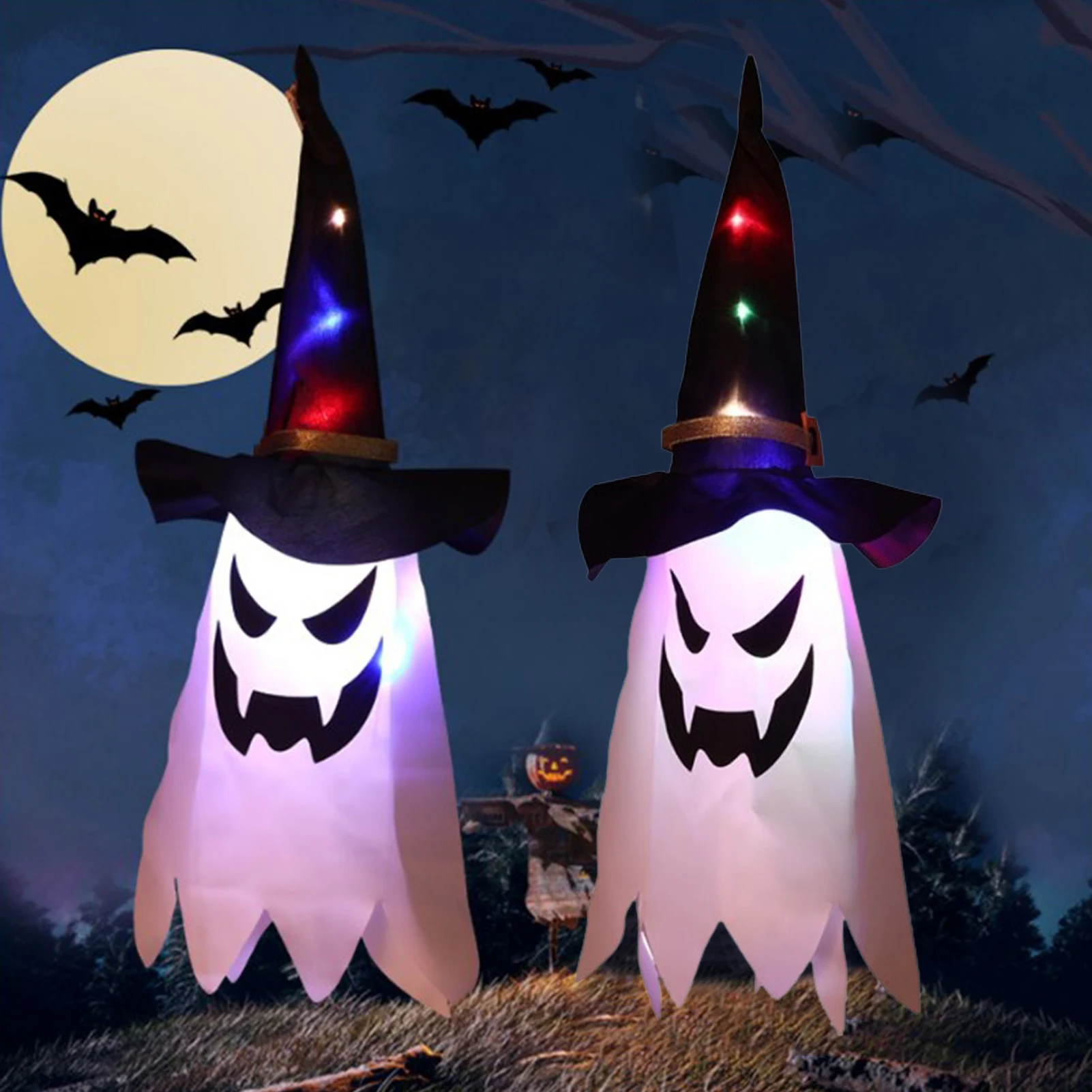 

2Pack Witch Hats Ghost Horror Grimace Glowing Party Props Battery Power LED Halloween Outdoor Light Halloween Decoration