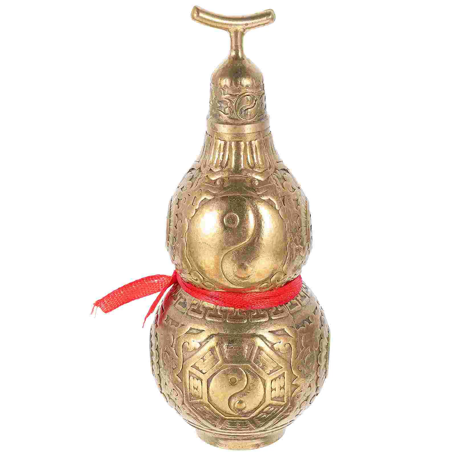

Gourd Statuegood Chinese Luck Decor Wu Hulu Lou Tea Bottle Figurine Brass Desktop Lu Wealth Fortune Copper Ornament Natural Wood