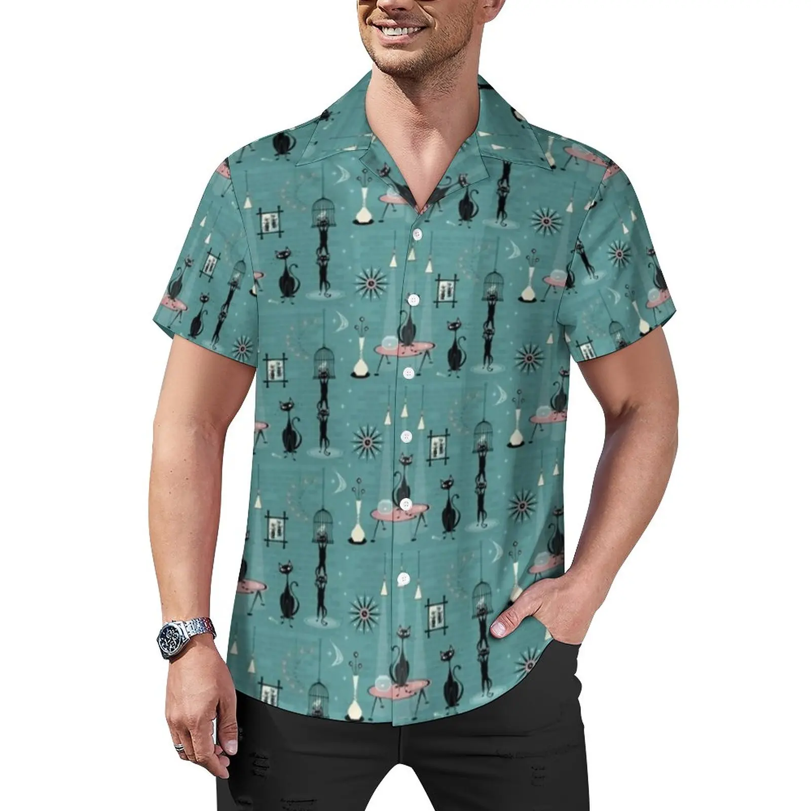 

Mid Century Cat Casual Shirt Kitty Mischief Beach Loose Shirt Hawaii Aesthetic Blouses Short Sleeve Design Oversized Clothing