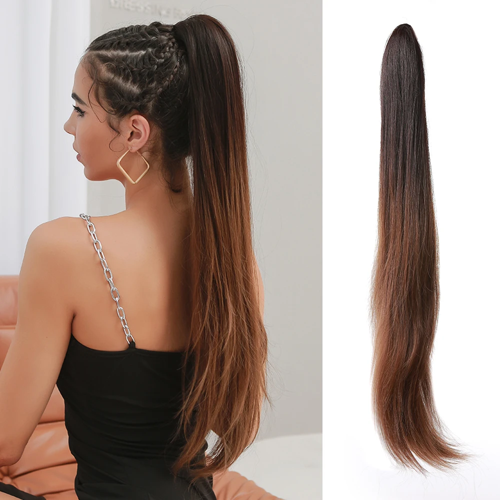 HAIRCUBE Synthetic Claw Clip On Ponytail Hair Extensions For Women Black Brown Ombre Long Straight Pony Tail Hair Heat Resistant