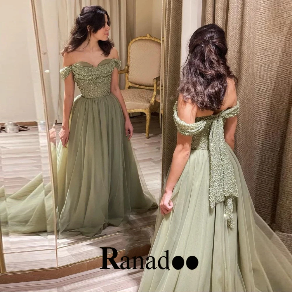 

Sweetheart Beads Sequins Evening Party For Women Tulle Off The Shoulder A Line Court Train Pleats Lacing Up Robes De Soirée