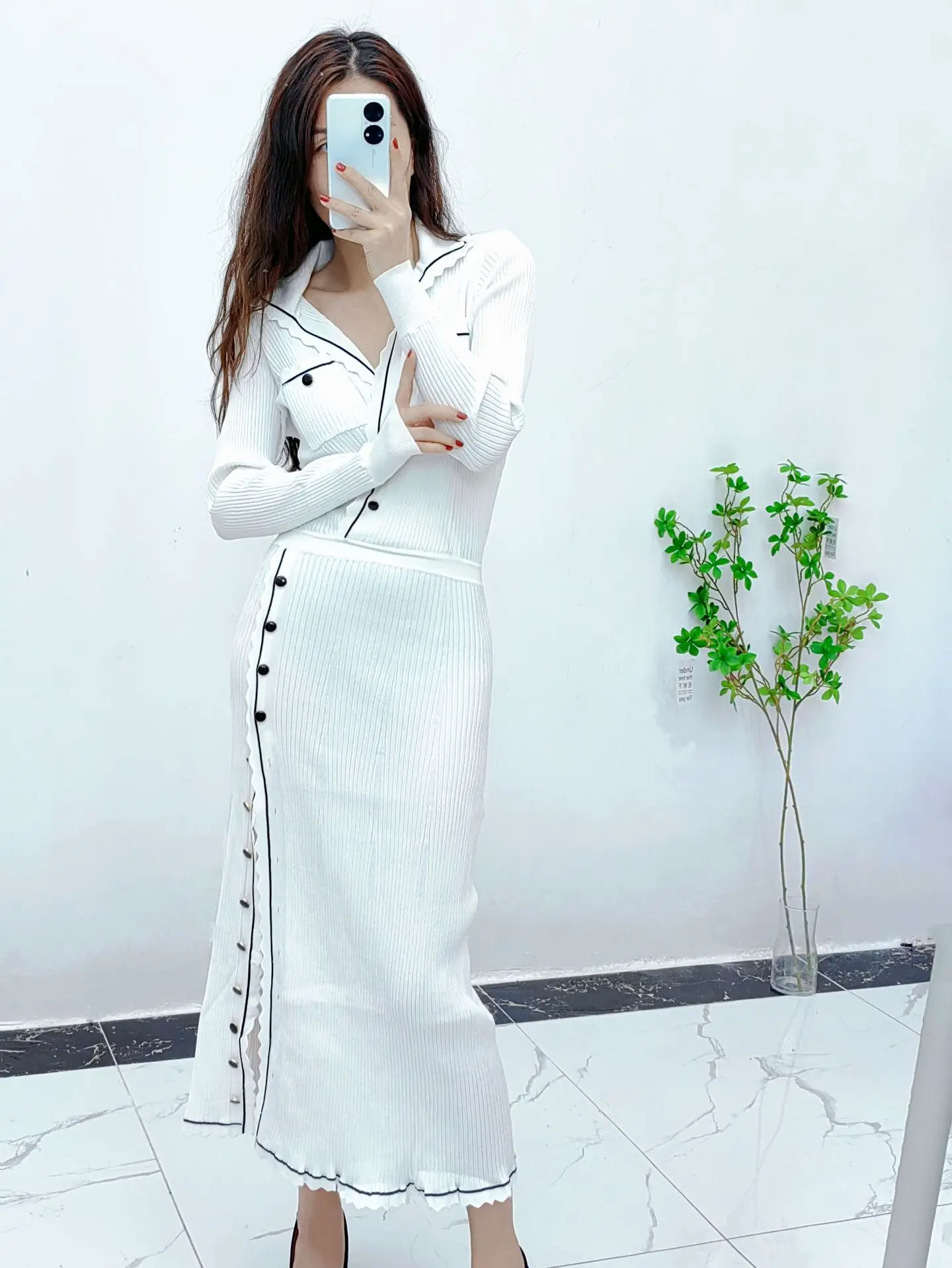 

Women Mid-Calf Dress POLO Collar Long Sleeve Contrast Slim Split Sexy Pullover Autumn Winter Knitwear