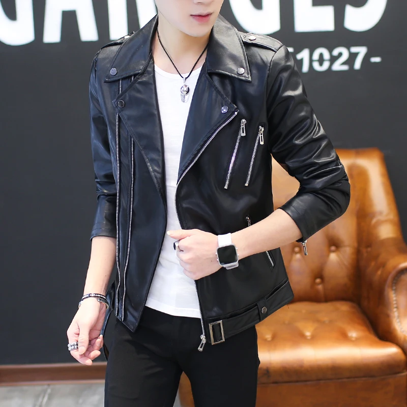 

2022 men rivet leather coat lapels young handsome cultivate one's morality character inclined zipper fashion leather jacket