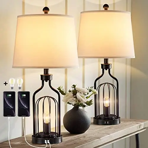

Table Lamps Set of 2, 26" Industrial Table Lamps with USB Ports, Bedside Nightstand Lamp with 2 Nightlights for Bedroom Livi Mon