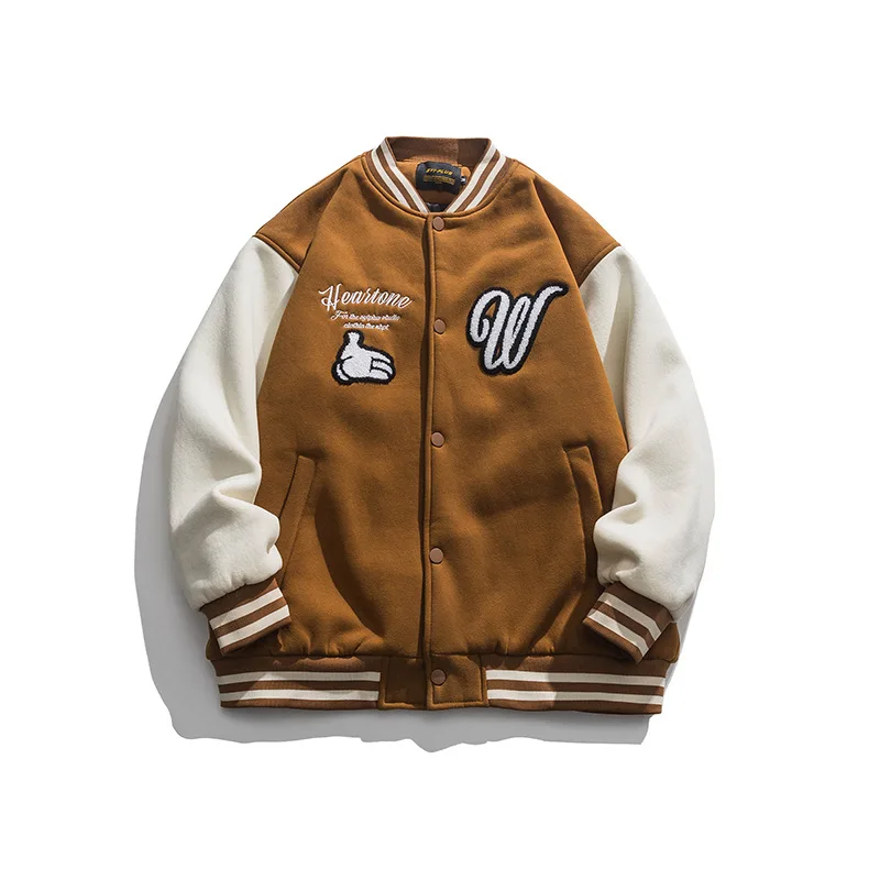Hand-cranked embroidered bomber jacket American men's and women's stand-up collar color-blocking baseball uniform winter jacket