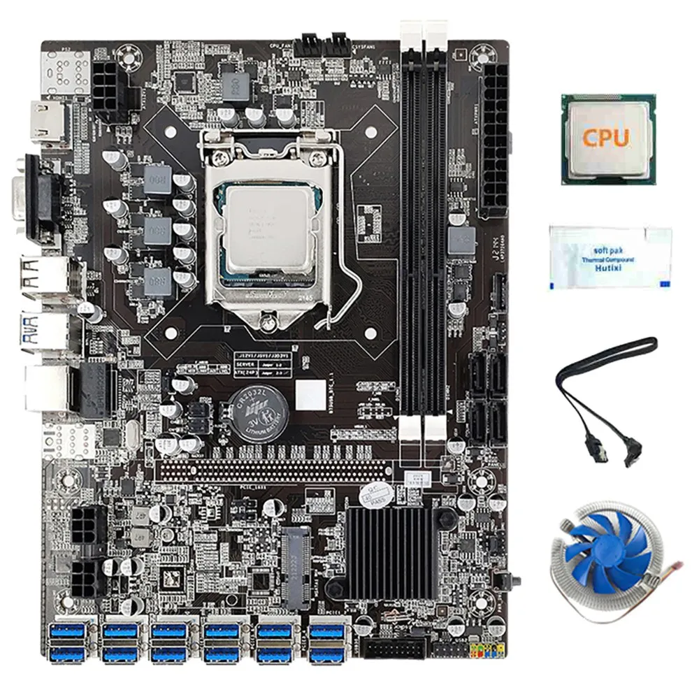 

B75 12 Card BTC Mining Motherboard CPU+Fan+Thermal Grease+SATA Cable 12 USB3.0 to PCIE GPU Slot LGA1155 DDR3 RAM SATA3.0