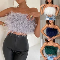 sexy furry crop top women feather strapless tank sleeveless night club party tunic vest 2022 summer female off shoulder tube top