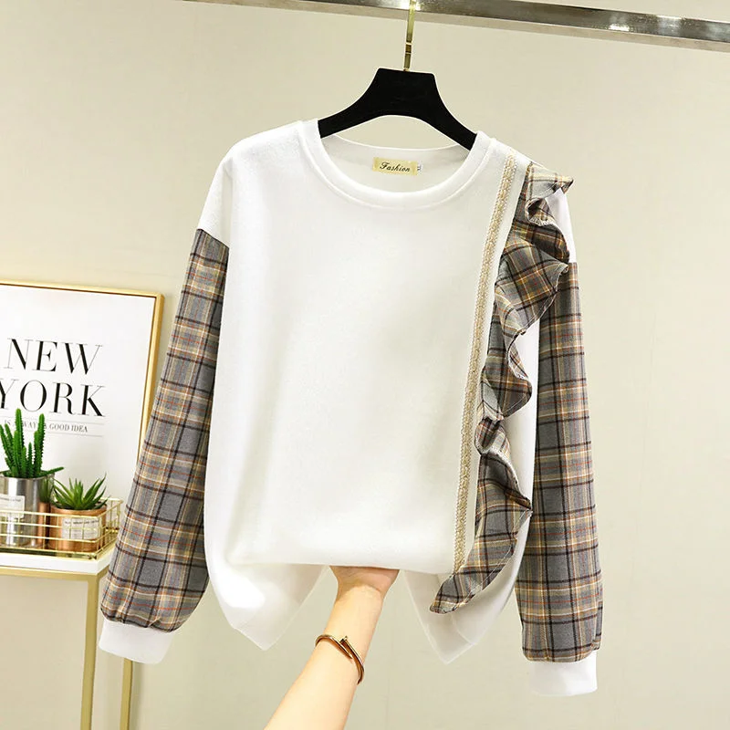 

Korean Autumn Winter Size Women's Dress Irregular Lattice Long Sleeve Versatile Loose Design Sense Of Style Women's Sweater