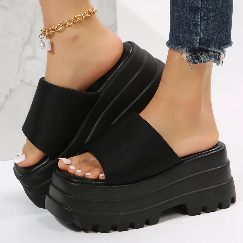 

Women Open Toe Summer Slip On Sandals Platform Wedges High Heels Mules Slides Casual Leisure Fashion Comfy Shoes For Women