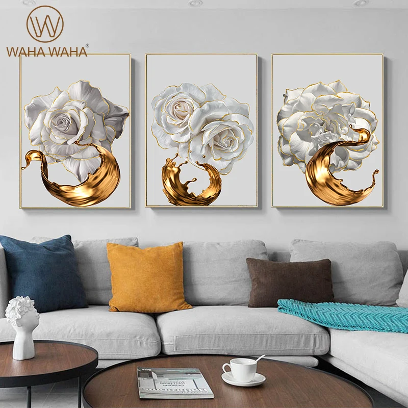 

Wit Rose Flower Golden Inkt Splash Abstract Poster Nordic Art Plant Canvas Schilderij Moderne Muur Foto Voor Woonkamer Decor