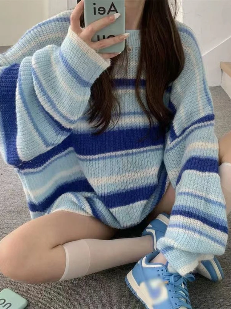 

Deeptown Vintage Knitted Oversized Sweater Women Harajuku Striped Pullover Jumper Lazy Wind Loose Casual Contrast Knitwear Tops