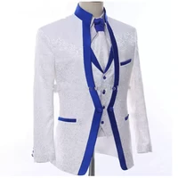 3 piece mens suit wedding groom tuxedo jacquard blazer pants vest formal party evening dress
