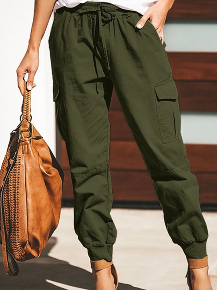 

Spring Autumn Streetwear Women Solid Color Casual Fashion Pocket Lace Up Overalls Women's Pants Cargo Pants Women Sweatpants