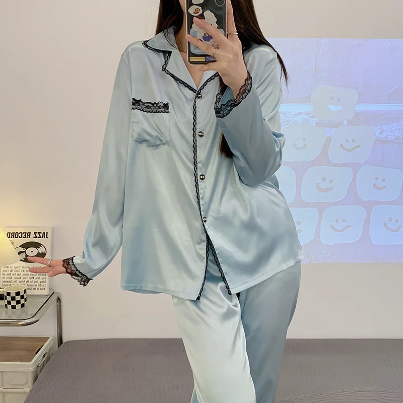 New Pajamas for Women's Spring and Summer Long-sleeved Trousers Lace Decoration Large Size Home Service Suit Casual Sleepwear