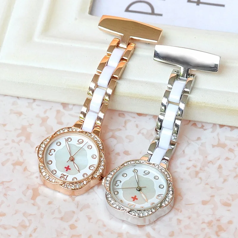 Jewelled Nurse Pocket floral shape Watch Quartz Doctor Watch Luminous Brooch Pendants Medical Watch Vintage Clock Hospital Gift