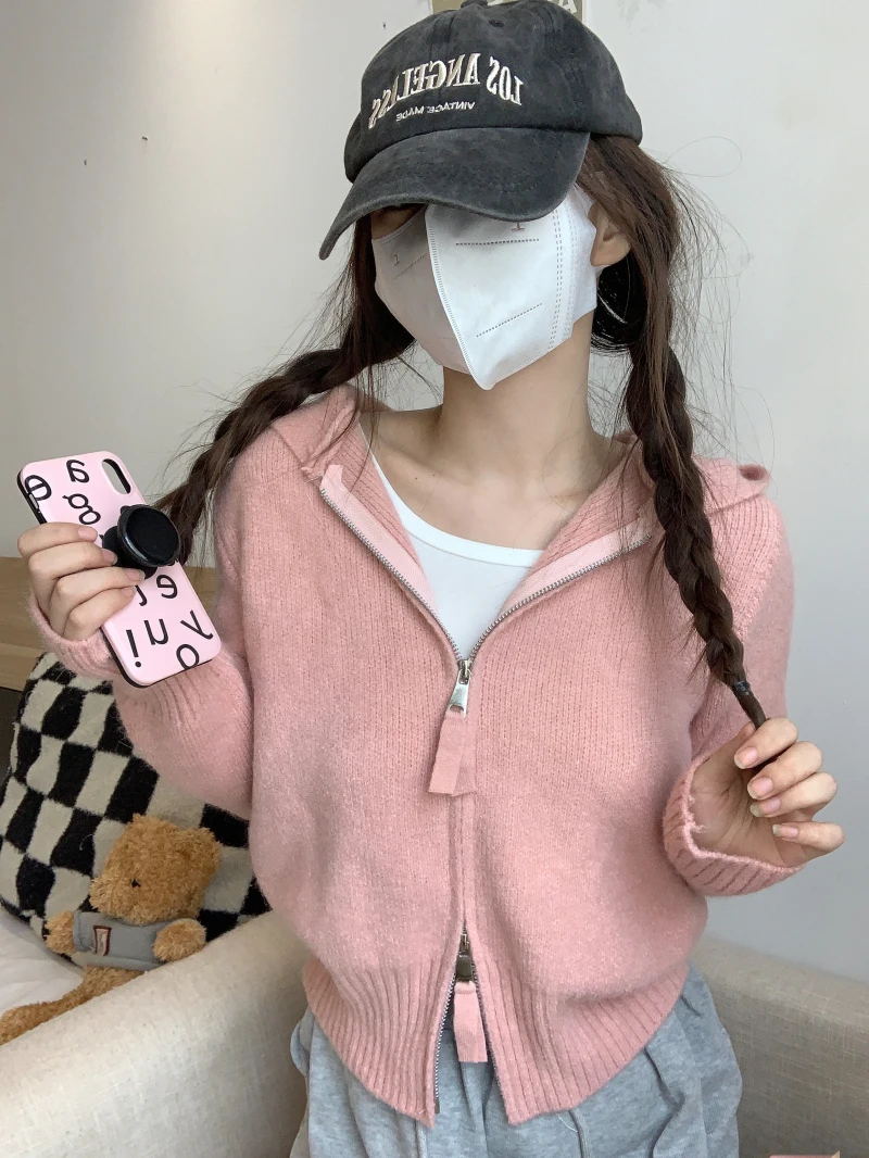 

2023 Women's Wear Short Sweater Cardigan Coat Women's Autumn and Winter Double Zipper Loose Hooded Sweater Top Sexy Hooded Tops