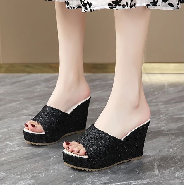 Wedge Heel High Heel Women's Shoes Fashion Fish Mouth Slippers Summer Lace Platform Sandals Plus Size 42 Women's Shoes