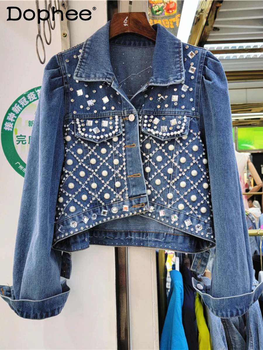 

Heavy Industry Beads Diamond-Embedded Long-Sleeved Short Denim Coat Female Jeans Jacket Outerwear 2022 Autumn New Women Clothes