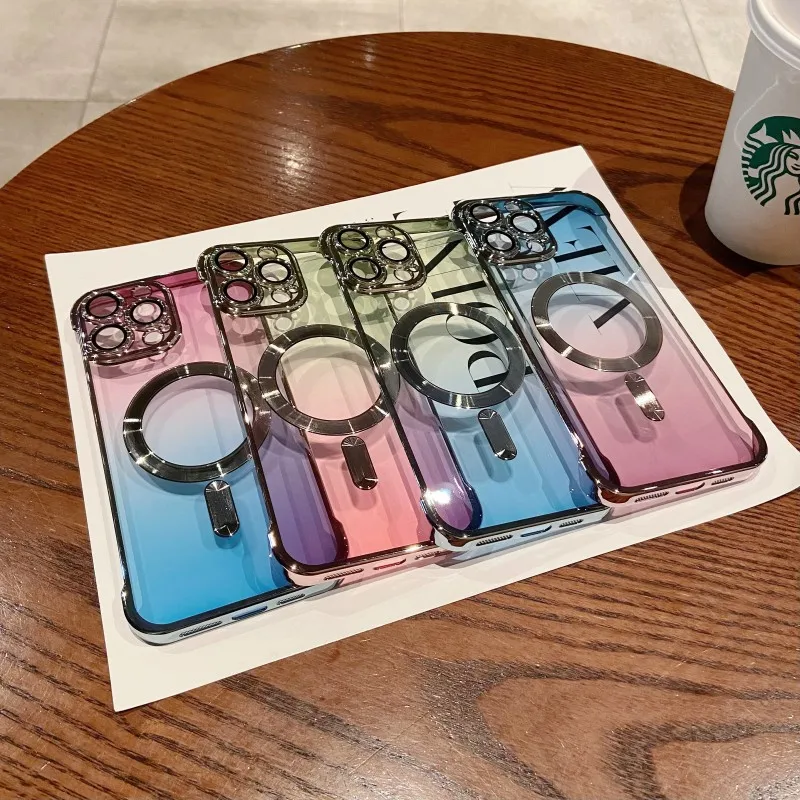 

Stylish Gradient Color Bezel-less Transparent Phone Case For iPhone 13 14ProMax Magnetic Wireless Charging PC Electroplated Case