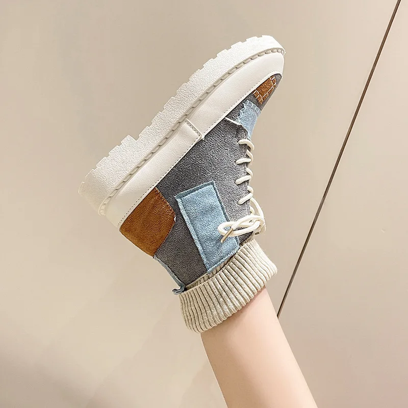 Trend Spring Women Canvas Boots Color Contrast Winter Plush Cotton Boots Elastic Cloth Socks Shoes Retro Casual High top Shoes