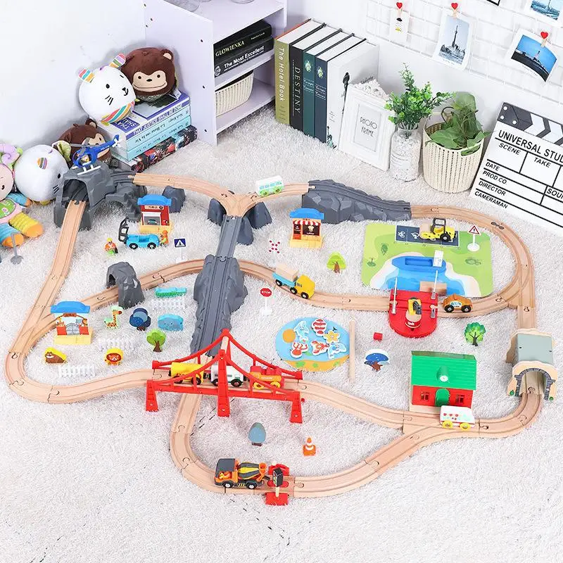 

Wooden Train Track Railway Set Kids Toys Wood Puzzle Tunnel Slot Rail Transit Electric Train Parking For Car Garage Children Toy