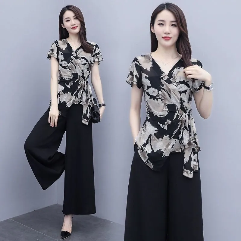 

Single/Set Printed Chiffon Shirt Summer 2022New Women's Two-Piece Fashion Bow Short-Sleeved Mid-Waist Wide-Leg Pants Female Suit