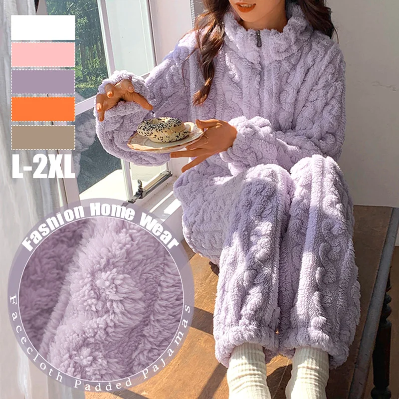 

Coral Fleece Women Winter Pajamas Set Solid Color Long Sleeved Zipper Suits Thicken Warm Comfortable Pajama Women