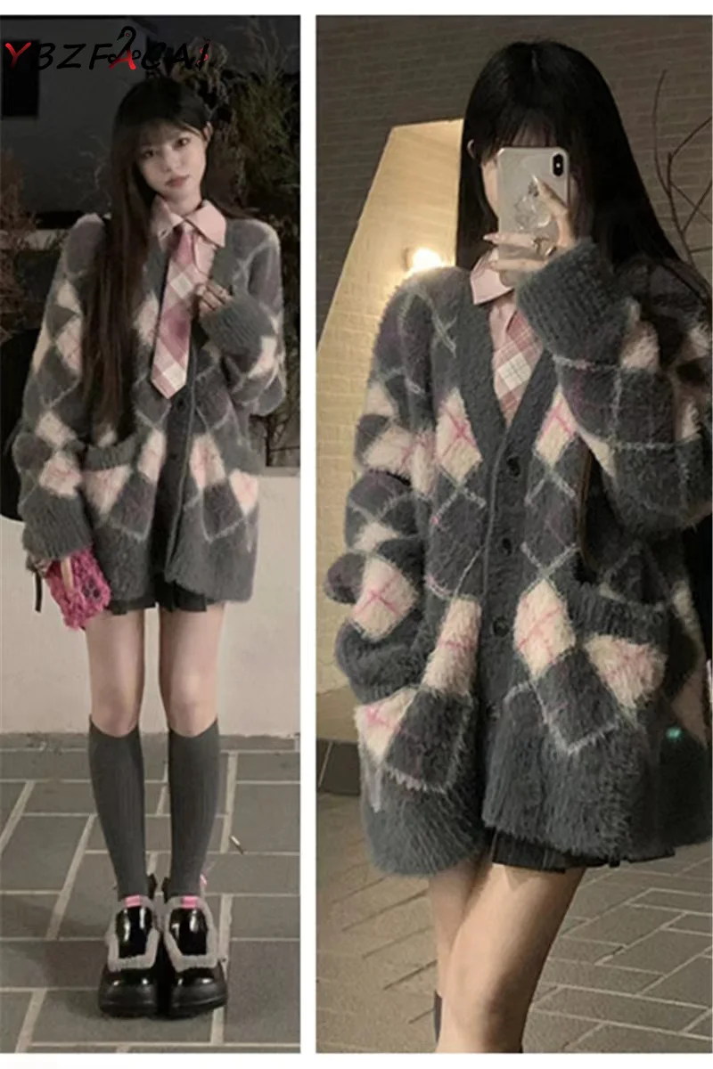 

Свитер из искусственной норки, пальто, вязаный кардиган в студенческом стиле серого и розового цвета в клетку, куртка, корейское утепленное теплое пальто, Осень-зима 2022