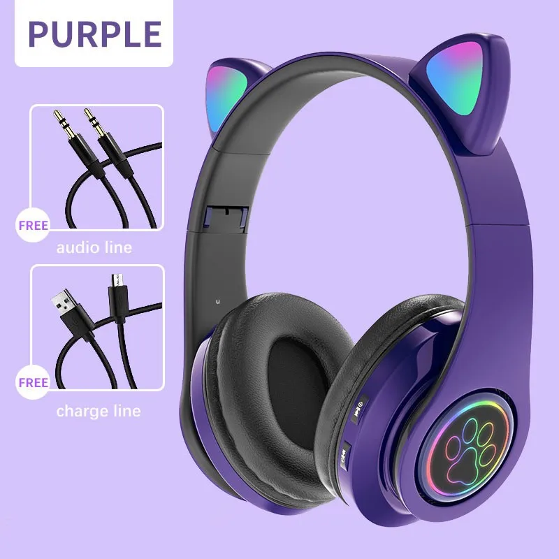 Flash Light Cute Cat Ear Headphones Wireless with Mic Can close LED Kids Girls Stereo Phone Music Bluetooth Headset Gamer Gift images - 6
