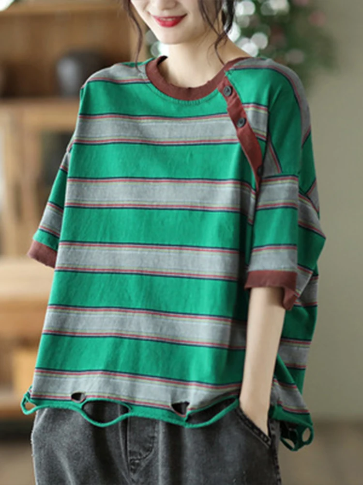 

Vintage Striped Clothing 2023 Summer Womens Holes Design Tee Shirts Cotton Punk Streetwear Female Fashion Korean Tops