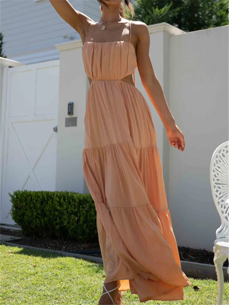 

hirigin Sexy Backless Beach Boho Dresses Women Summer Long Dresses Spaghetti Strap Casual Solid Color Tie-Up Sleeveless