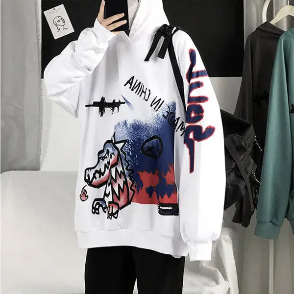 

Cartoon Graffiti Style Printed Sweatshirt Hip Hop Street Retro Long Sleeve Hood Winter Sweater Casual Loose Jacket Funny