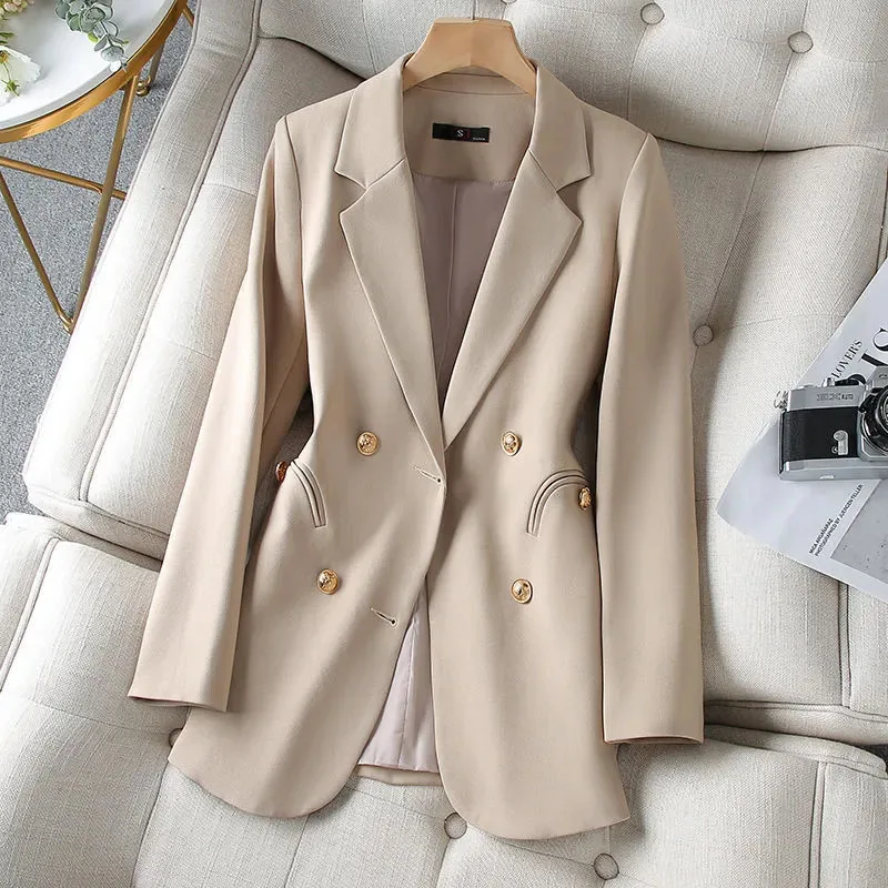 

New High Quality Female Casual Apricot Blazer Spring Autumn Long Suit Jacket Double Breasted Fashion Office Women's Clothing 4XL