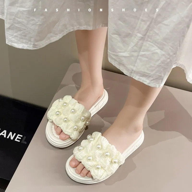 

Летние Нескользящие шлепанцы для девочек, с жемчугом, Размеры 26-37