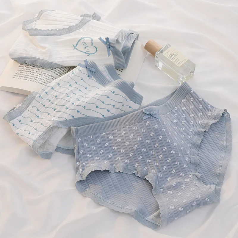 

2022 Girls Underwear 5pc/lot panties striped middle Waist Briefs Young Girl teenagers Pant children students blue cotton M L XL