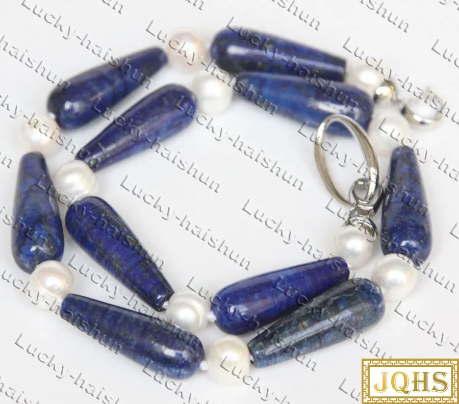 

Natural 18" 10*30mm Round White Pearls Drip Blue Lapis Lazuli Necklace 925sc Clasp C548 One Piece Necklaces Jewelry