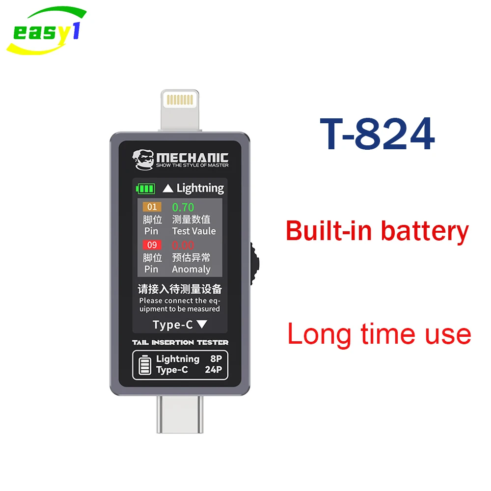 

Mechanic T-824 Tail Insertion Tester Type-C&Lightning connect For iPhone iPad Power Check Digital Display Independent Pin