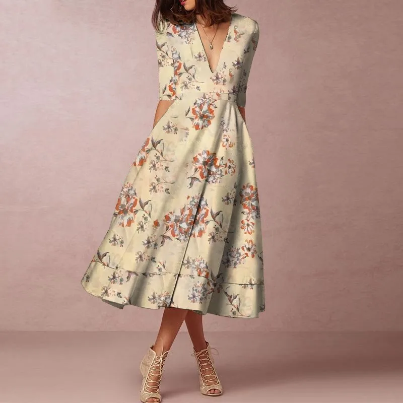 

Summer Midi Skirt Dress High Waist Half Sleeve Evening Women's Clothing Floral Print V-neck Party Maxi Dress