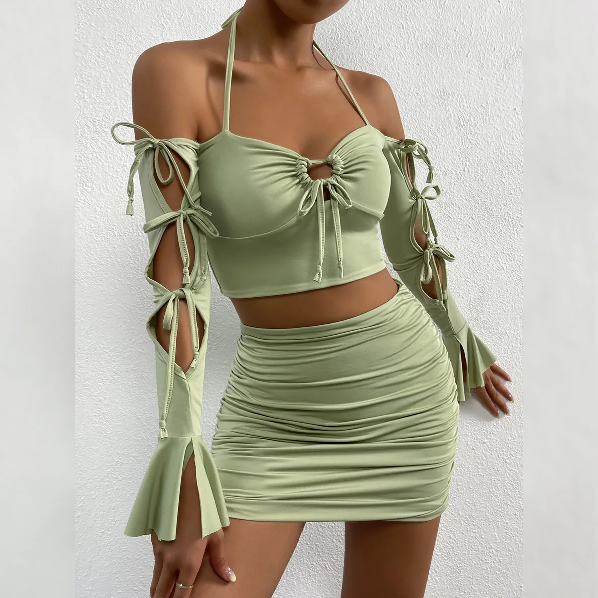 

HOUZHOU Sexy Kawaii Sets 2 Pieces Woman Green Cropped Halter Hollow Out Bow Long Sleeve Flare Tops with Pleated Mini Skirt