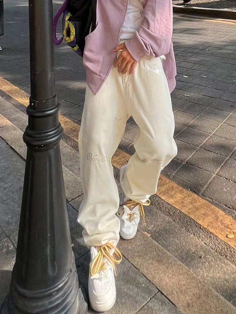 Men's Printed Loose Casual Jeans Y2K Streetwear Clothes High Waist Straight Denim Trousers Baggy Wide Leg Long Pants Solid Color