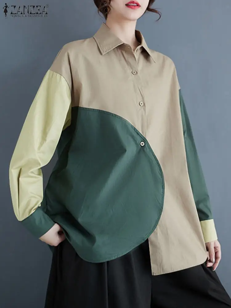 Женская блузка ZANZEA с цветными блоками осень 2024 асимметричные топы в стиле
