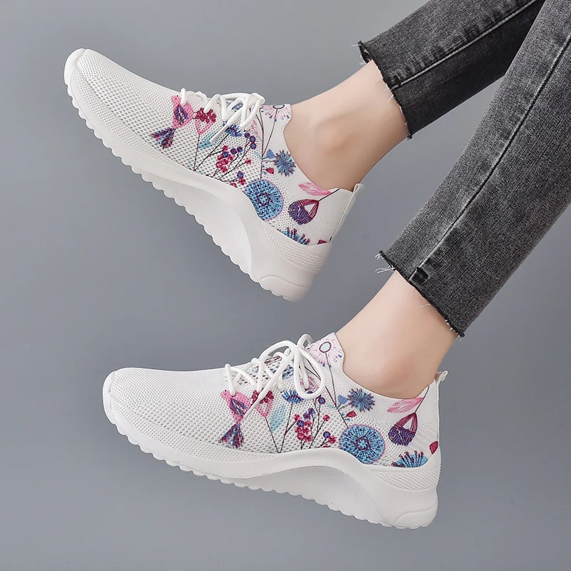 

FANAN Fashion Print Platform Sneakers Women Lace-Up Breathable Mesh Sports Shoes Woman 2023 New Knitting Non-Slip Casual Shoes