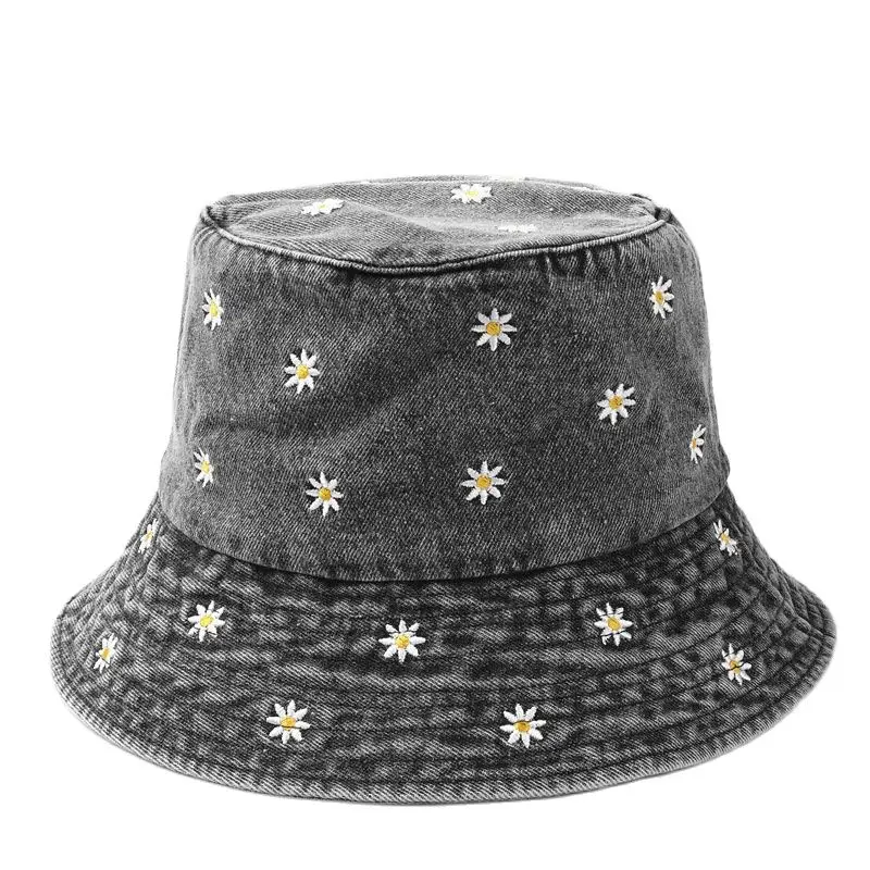 2023 Spring Denim Cartoon Flower Embroidery Bucket Hat Fisherman Hat Outdoor Travel Sun Cap For Girl And Women 158