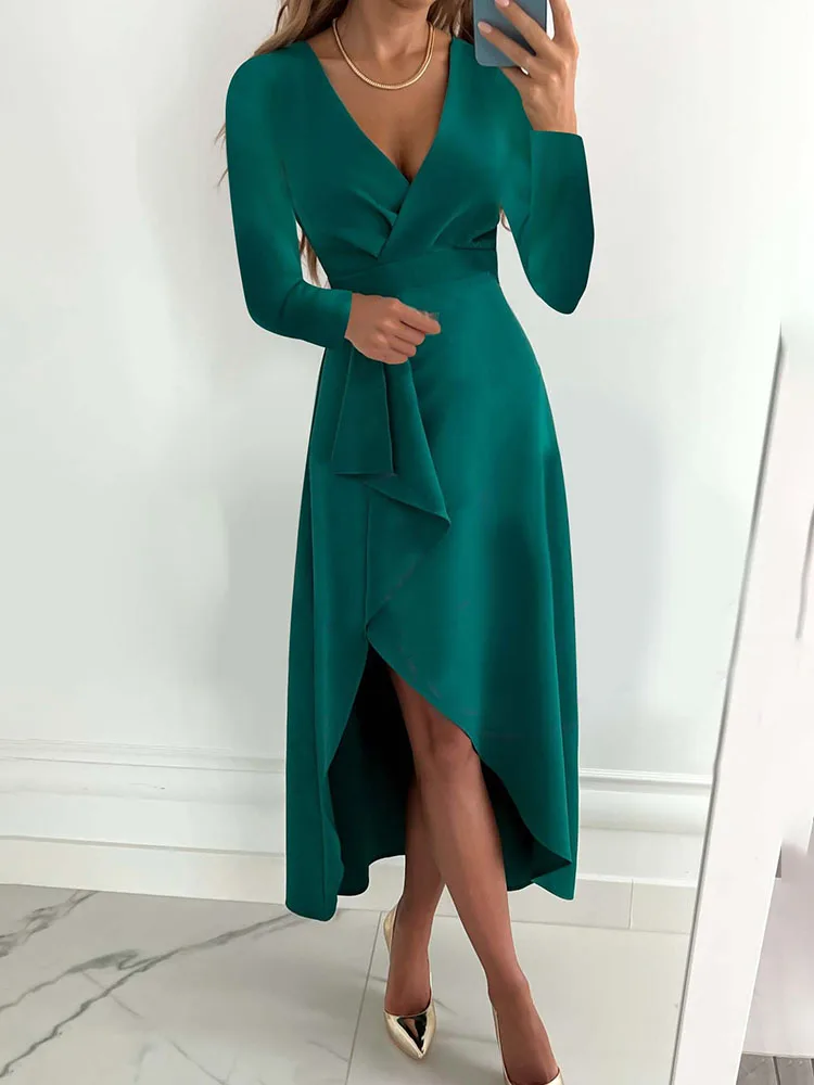 

Женское Повседневное платье макси с широким подолом и разрезом, осенне-зимнее модное сексуальное платье с глубоким V-образным вырезом и дли...