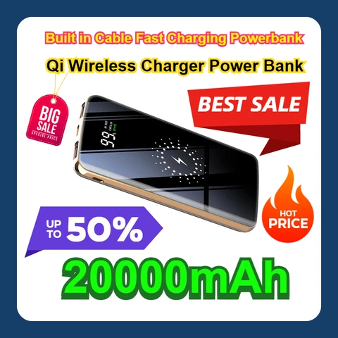 Беспроводное зарядное устройство Qi Power Bank со встроенным кабелем и быстрой зарядкой Powerbank для IPhone14 Samsung S23 Huawei Xiaomi Pover Bank 20000 мАч