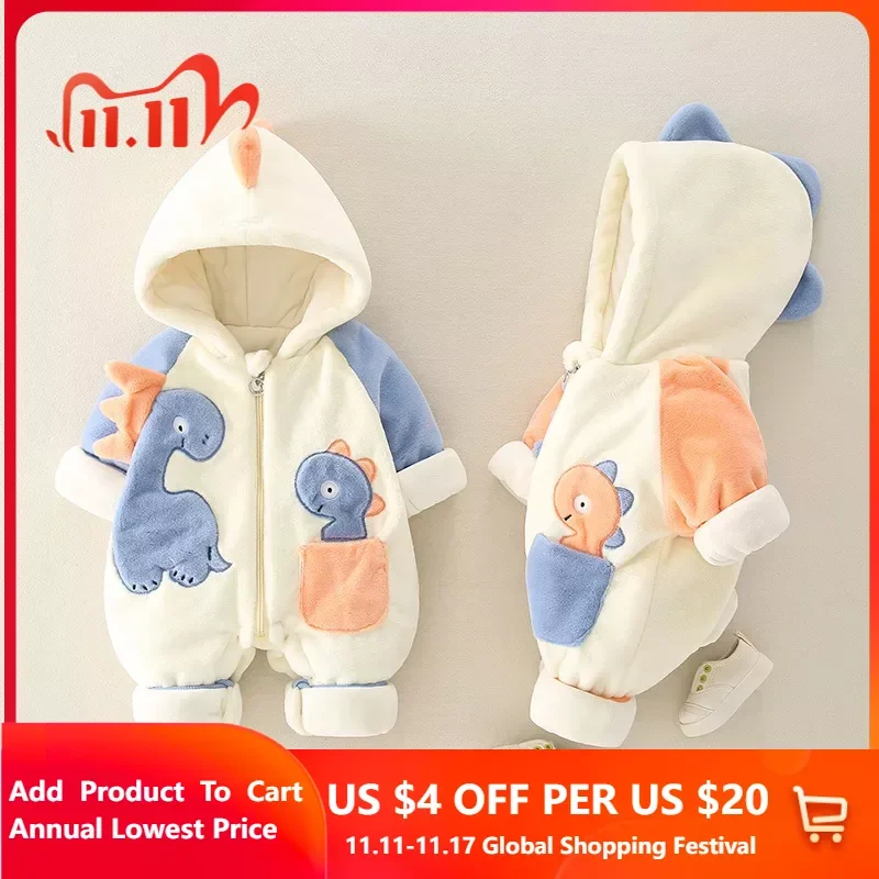 

Baby Hooded bodysuit & one piece Dinosaur Infant sleeping pajamas 6M-3T Plush Baby Romper for winter jump suit pajamas