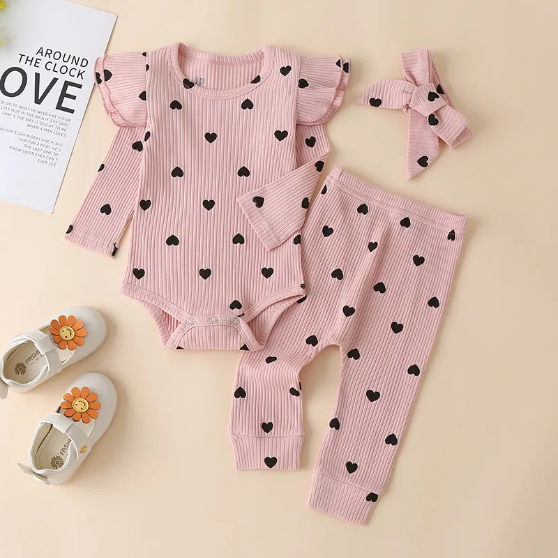3Pcs Baby Girl Outfit Set Newborn Toddler Girls Clothes Ruffle Heart Print Long Sleeve Romper Bodysuit +Pants+Headband Infant