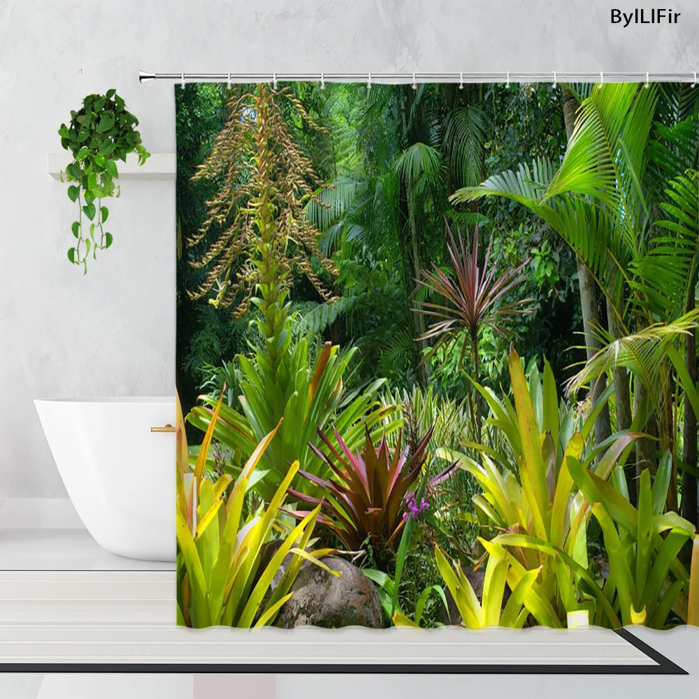 Занавеска для душа с 3D принтом зеленых растений Листьев Летний лес ткань ванны