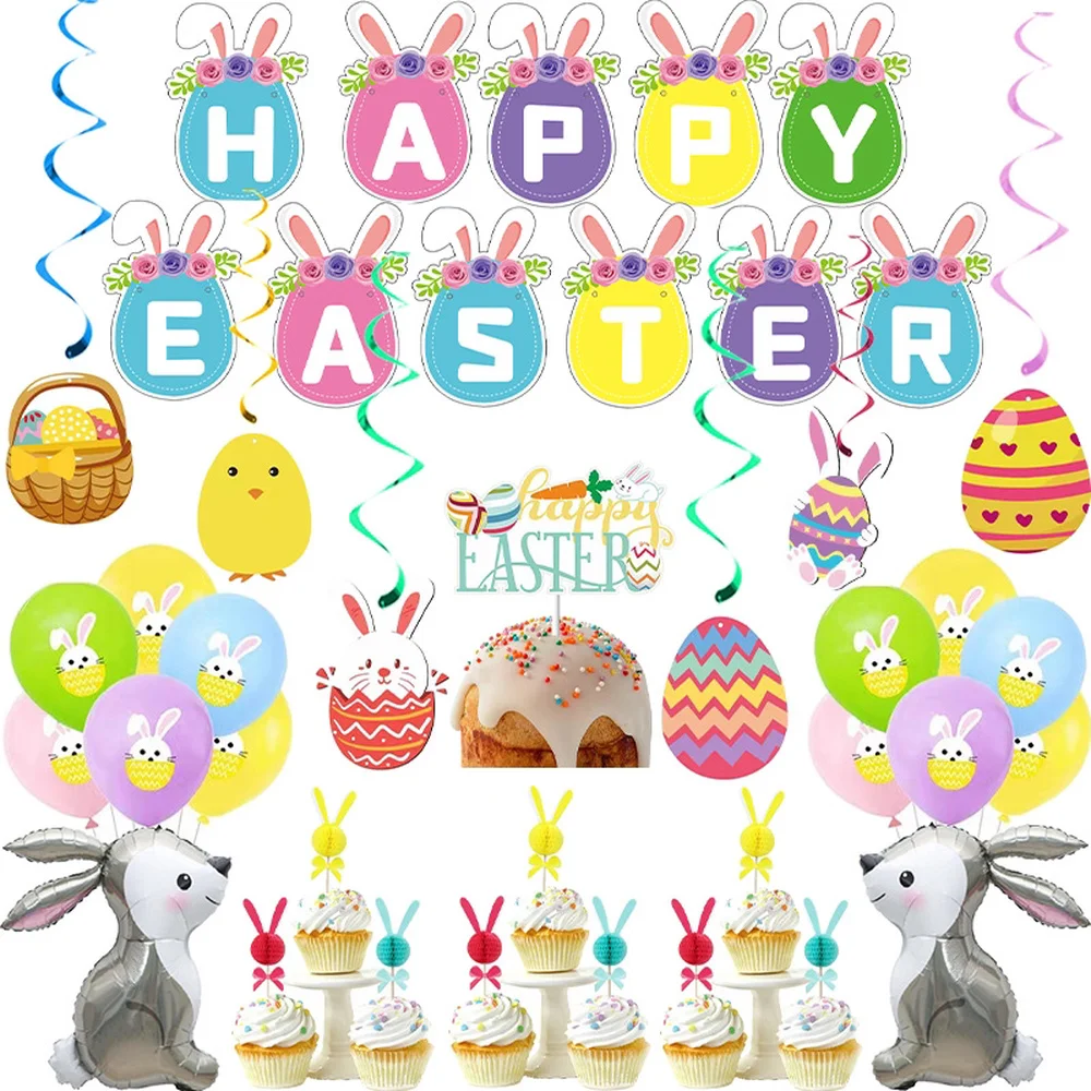 

Счастливая Пасха, яркий набор, баннер, топпер для торта на Пасху, мультяшный Кролик, Кролик, кролик, латексные воздушные шары, Декор